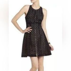 BCBG MaxAzaria Black Eyelet Lace Over Nude Sleeveless Zipfront Mini Dress -Sz 10